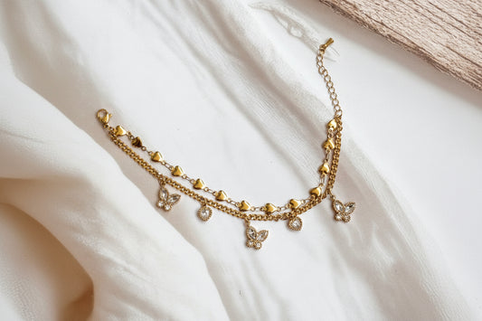 AD butterfly and heart charms layered loose bracelet