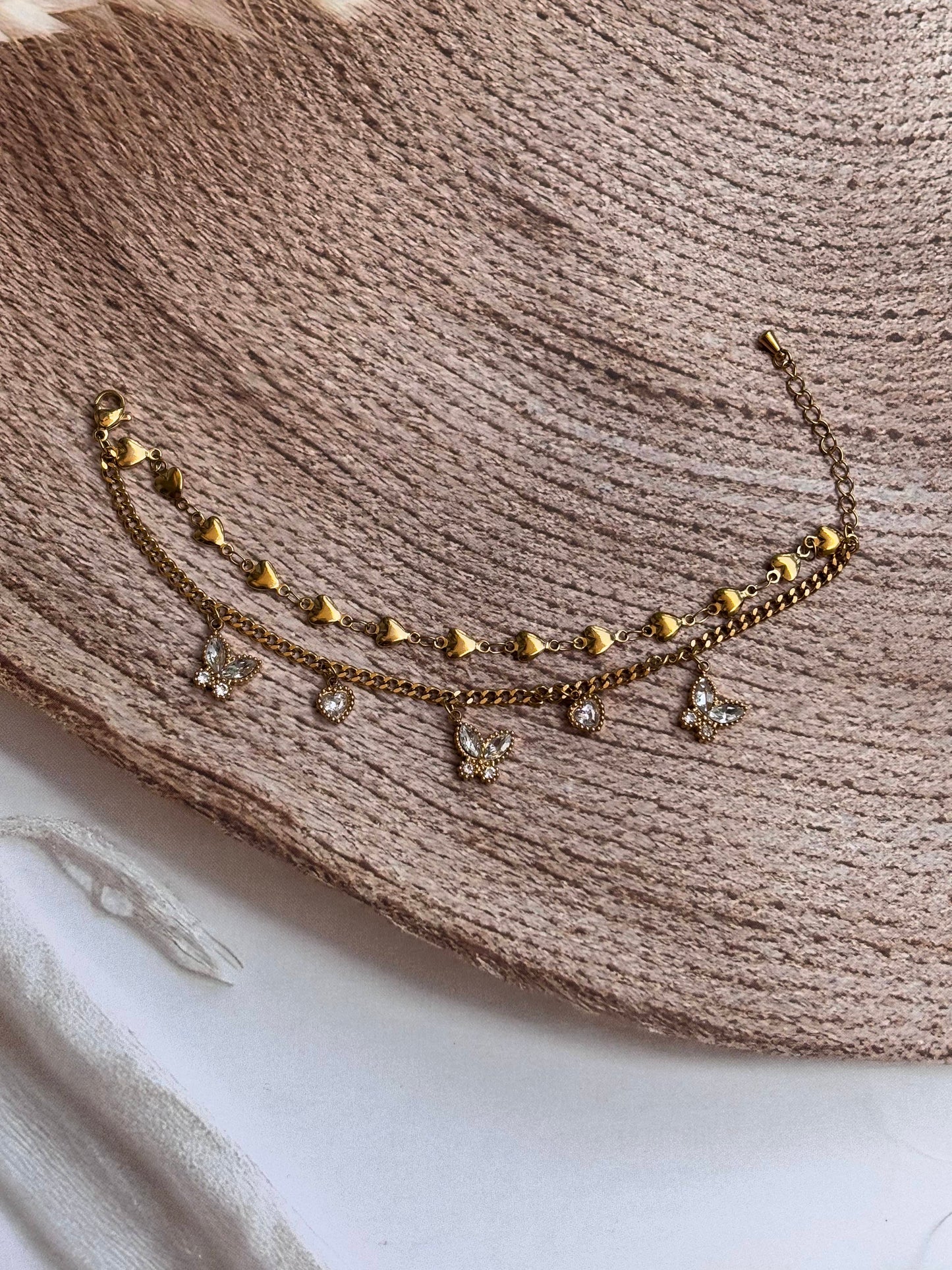 AD butterfly and heart charms layered loose bracelet
