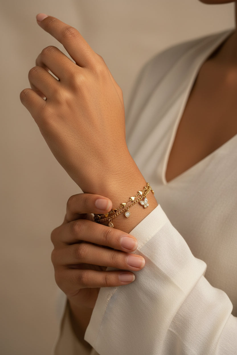 AD butterfly and heart charms layered loose bracelet