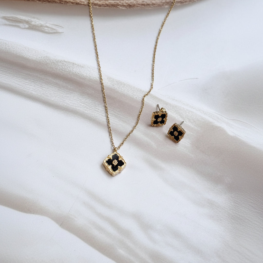 Black kite flower necklace studs set