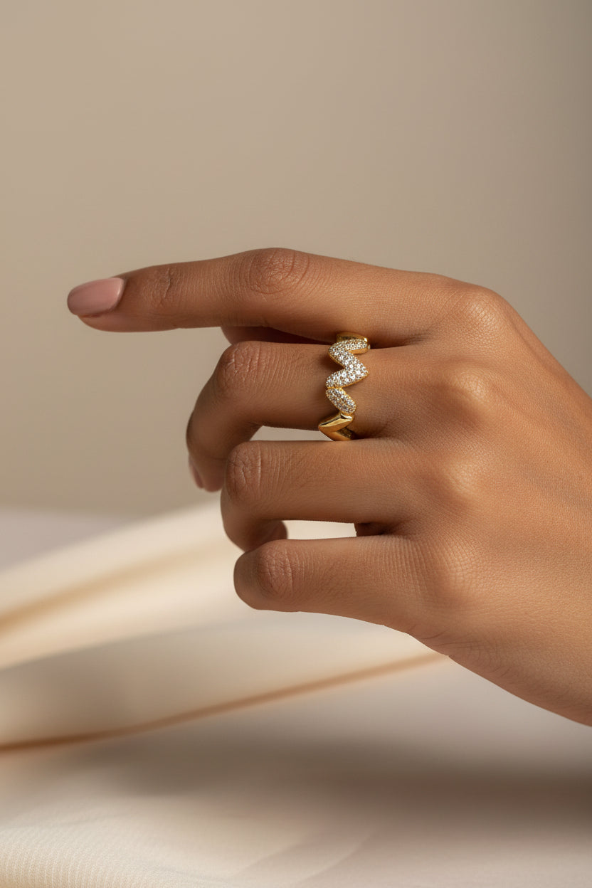 Triangular heart studded ring