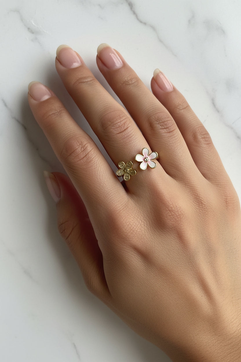 Enamelled duo-Flower ring