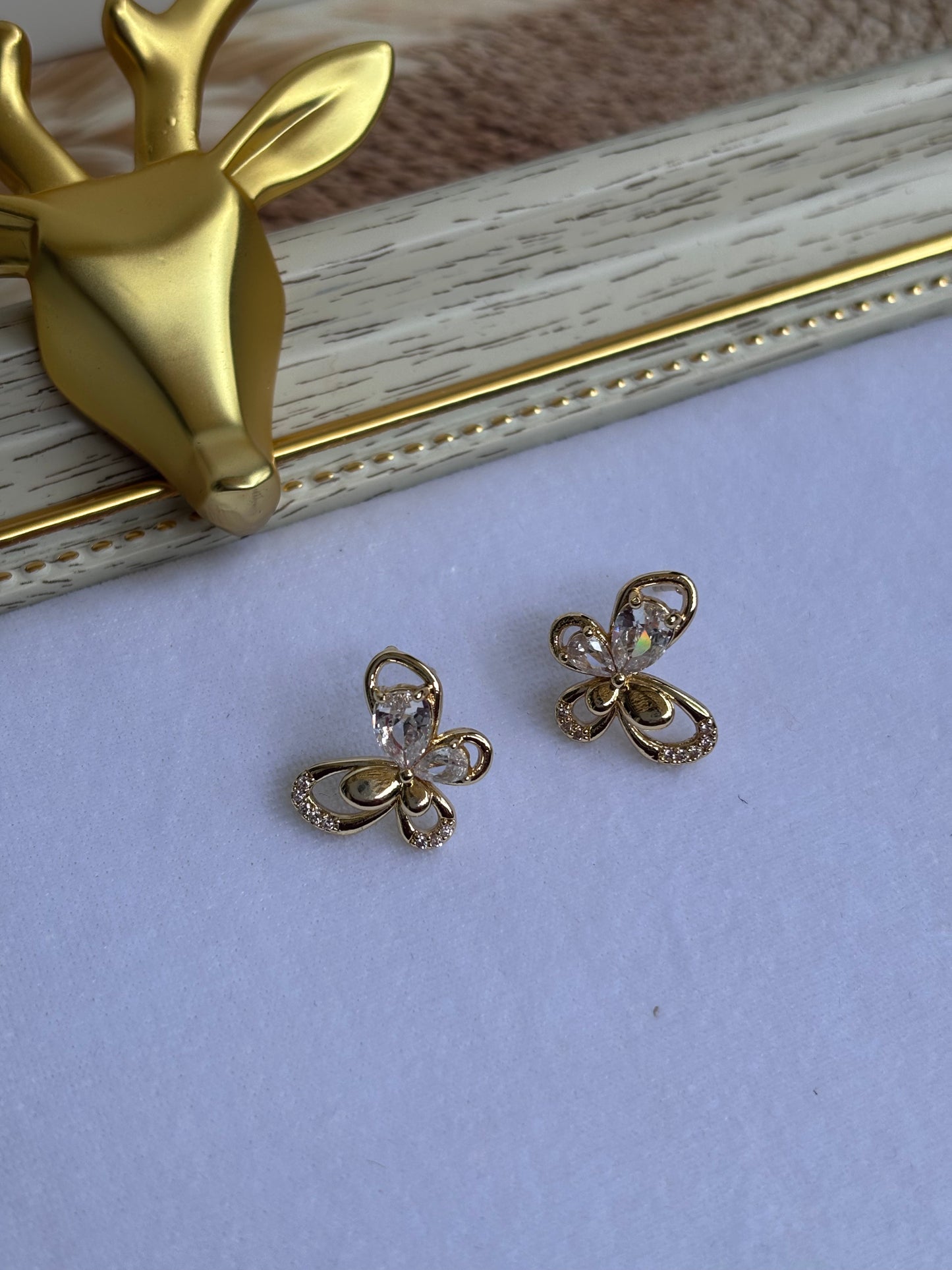 Golden white stone Half studded Butterfly Studs